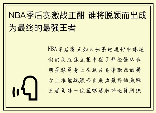 NBA季后赛激战正酣 谁将脱颖而出成为最终的最强王者