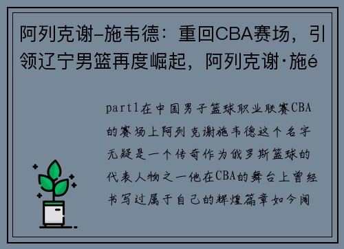 阿列克谢-施韦德：重回CBA赛场，引领辽宁男篮再度崛起，阿列克谢·施韦德