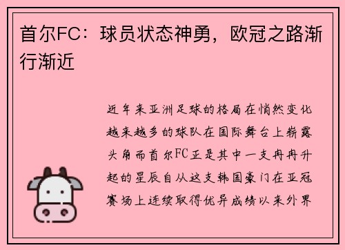 首尔FC：球员状态神勇，欧冠之路渐行渐近