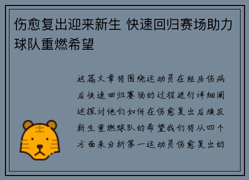 伤愈复出迎来新生 快速回归赛场助力球队重燃希望
