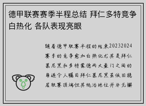 德甲联赛赛季半程总结 拜仁多特竞争白热化 各队表现亮眼