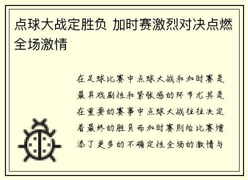 点球大战定胜负 加时赛激烈对决点燃全场激情