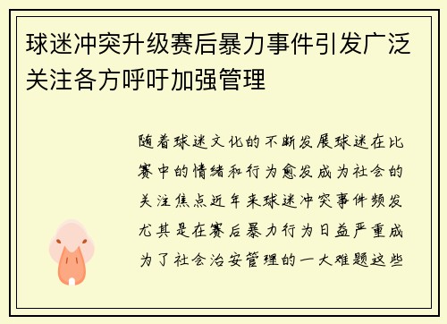 球迷冲突升级赛后暴力事件引发广泛关注各方呼吁加强管理