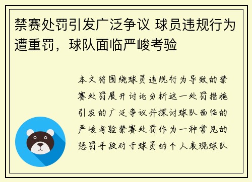 禁赛处罚引发广泛争议 球员违规行为遭重罚，球队面临严峻考验